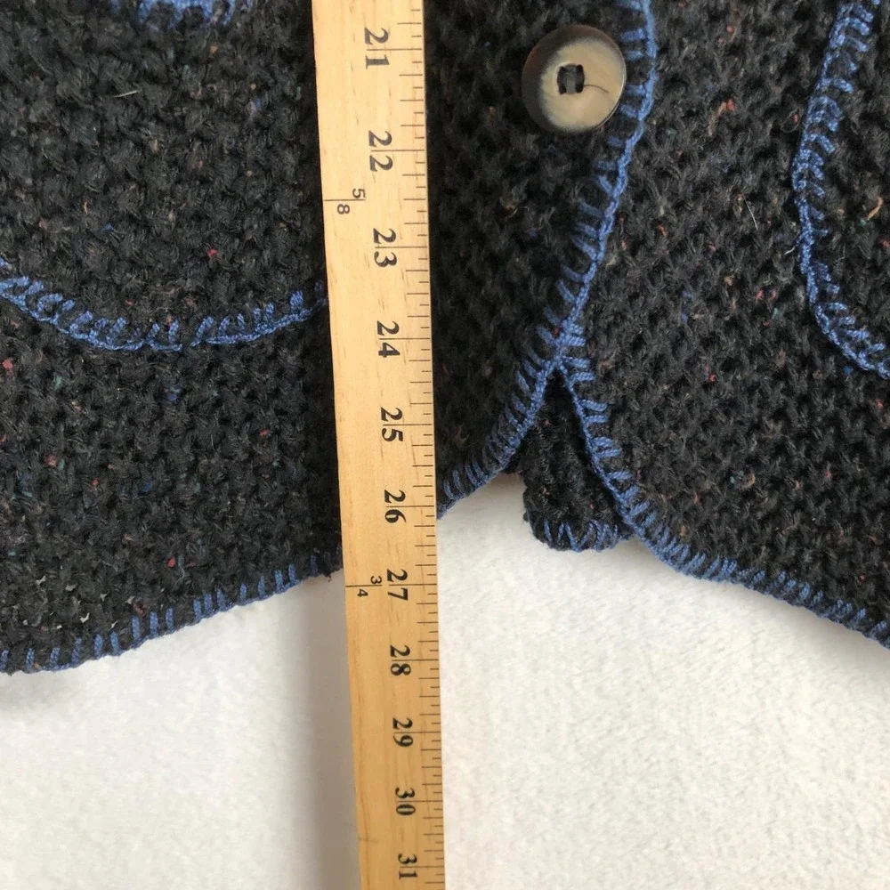 RELAIS Crochet Loose Knit Coatigan Sz‎ L Black & Blue Button Up Cardigan Sweater